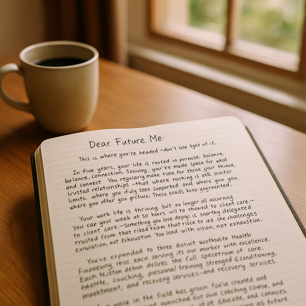A journal and coffee cup on a table, symbolizing reflection and personal vision.