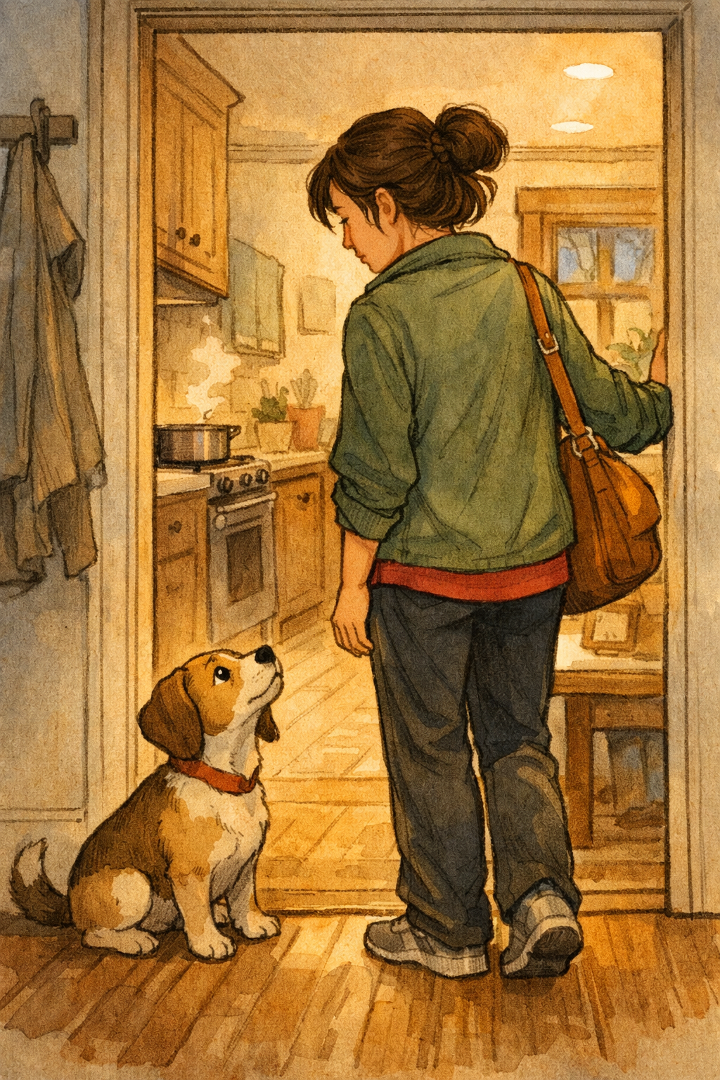 Hand-drawn illustration of a person and dog in a home kitchen environment, representing eating habits and mindfulness, Whole Health Solutions and Sports Performance, Shirley MA physical therapy.