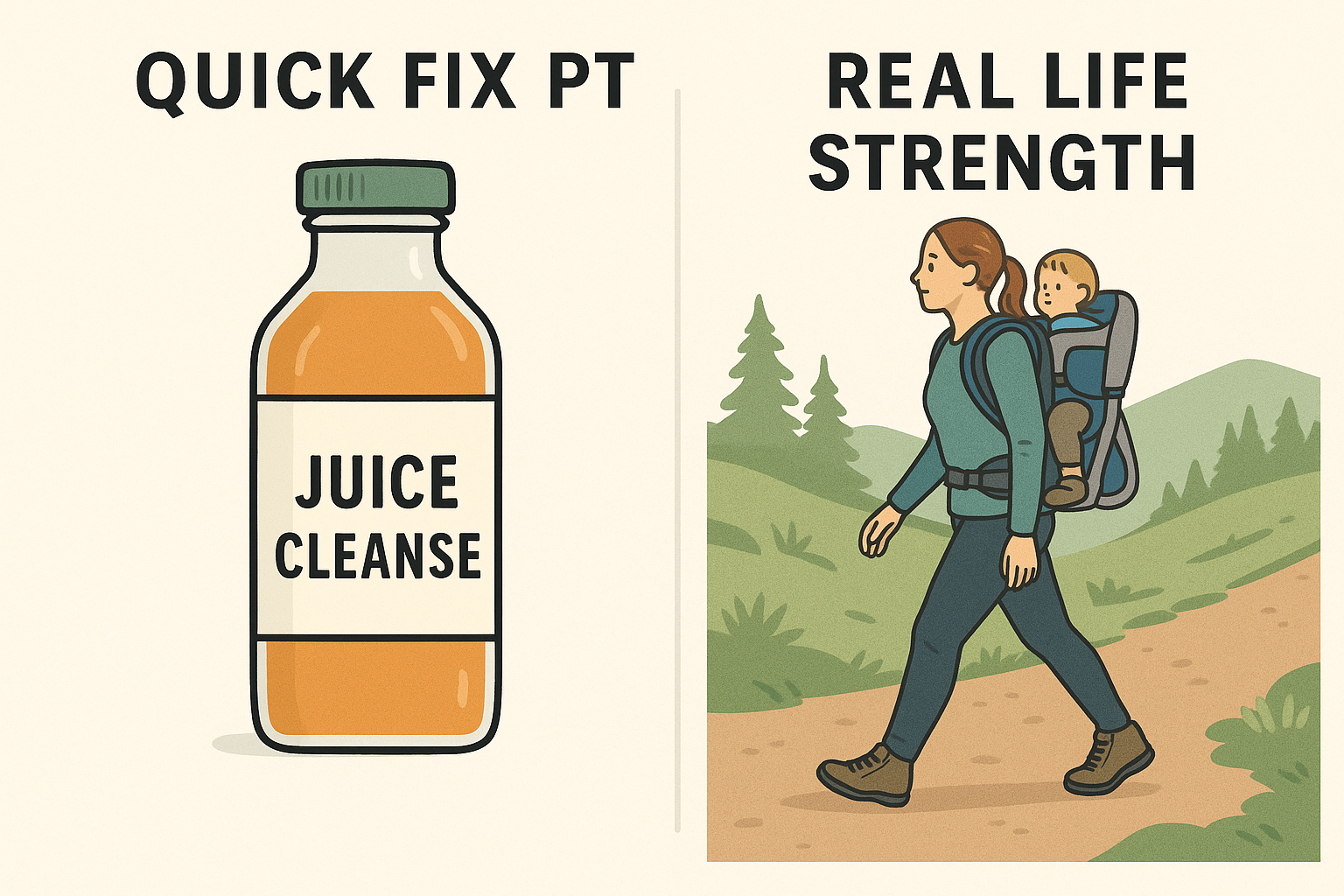 An image showing a side-by-side comparison:  Left: a bottle labeled “Quick Fix PT” (like a juice cleanse bottle).  Right: a photo of someone hiking with a child on their back, with the label “Real Life Strength.” Alt text: “Juice cleanse vs. real strength, Whole Health Solutions’ long-term physical therapy approach.”