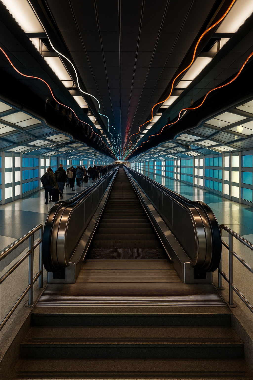 Empty airport staircase beside crowded escalator at Chicago O’Hare