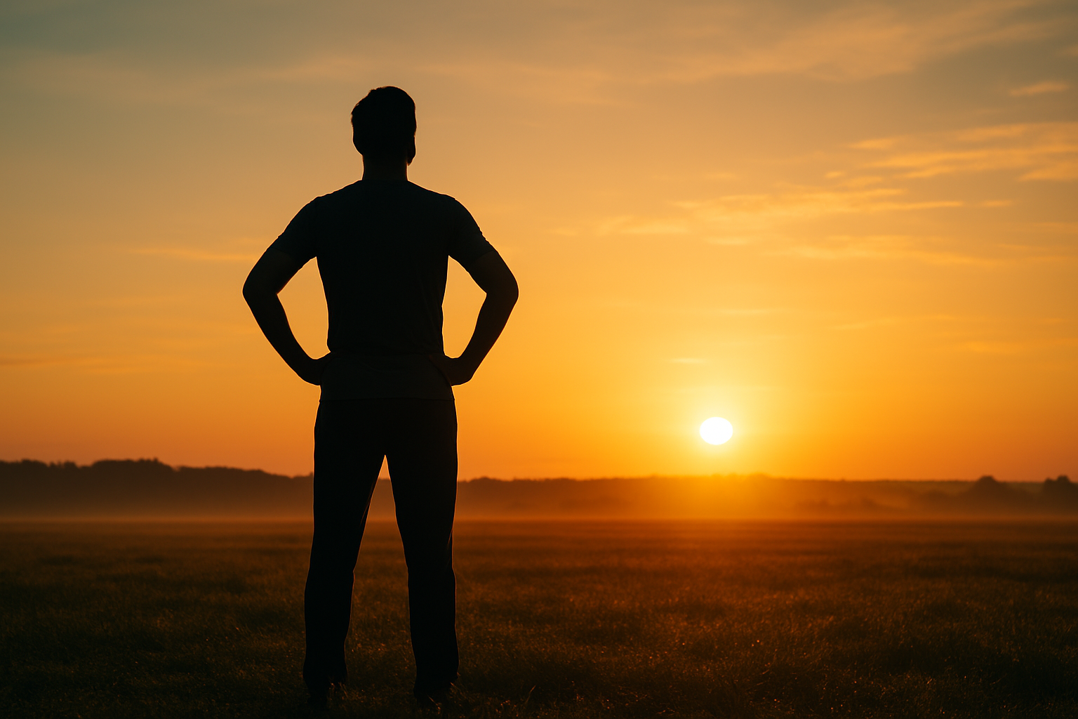 A person standing confidently at sunrise, silhouetted against a vast open field, symbolizing personal responsibility, growth, and change.
