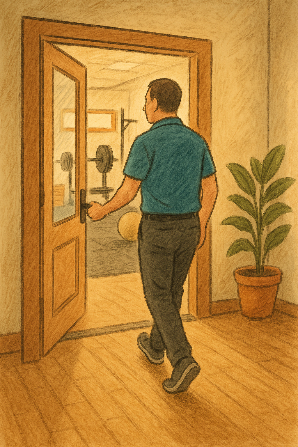 Hand-drawn illustration of a therapist walking into a Shirley MA physical therapy and sports performance clinic, shown entering a warm, inviting gym space with equipment in the background.