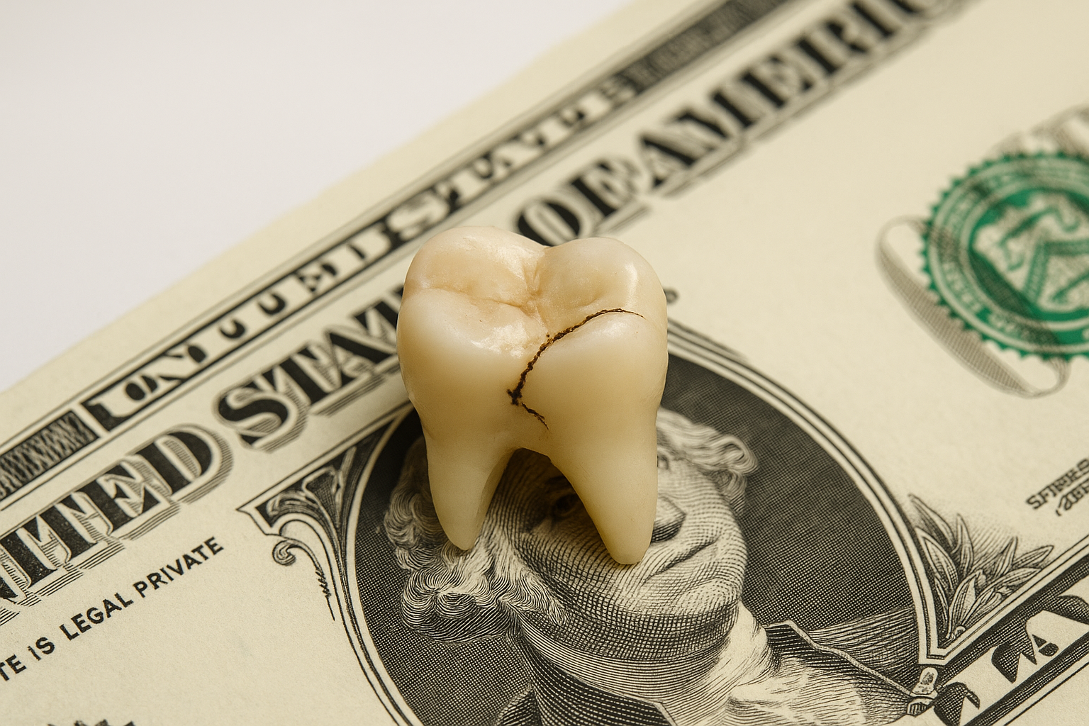 Cracked tooth on money symbolizing the cost of delaying care, Whole Health Solutions Shirley MA Physical Therapy.