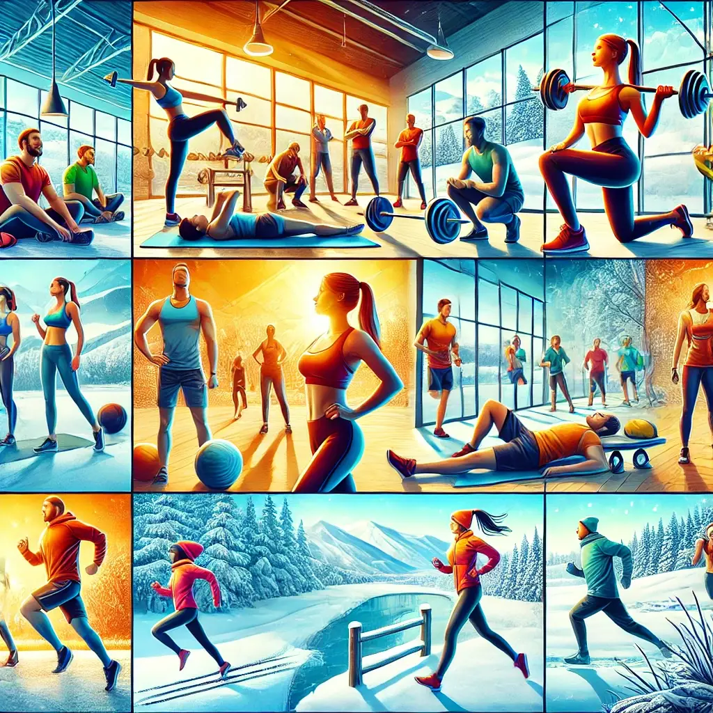 A winter-themed image showing a diverse group of people engaged in fitness activities indoors and outdoors. The indoor gym features individuals lifting weights, stretching, and practicing yoga, while the outdoor scene shows people jogging on a snowy trail. Large windows reveal a snowy landscape, emphasizing preparation for spring and summer activities.
