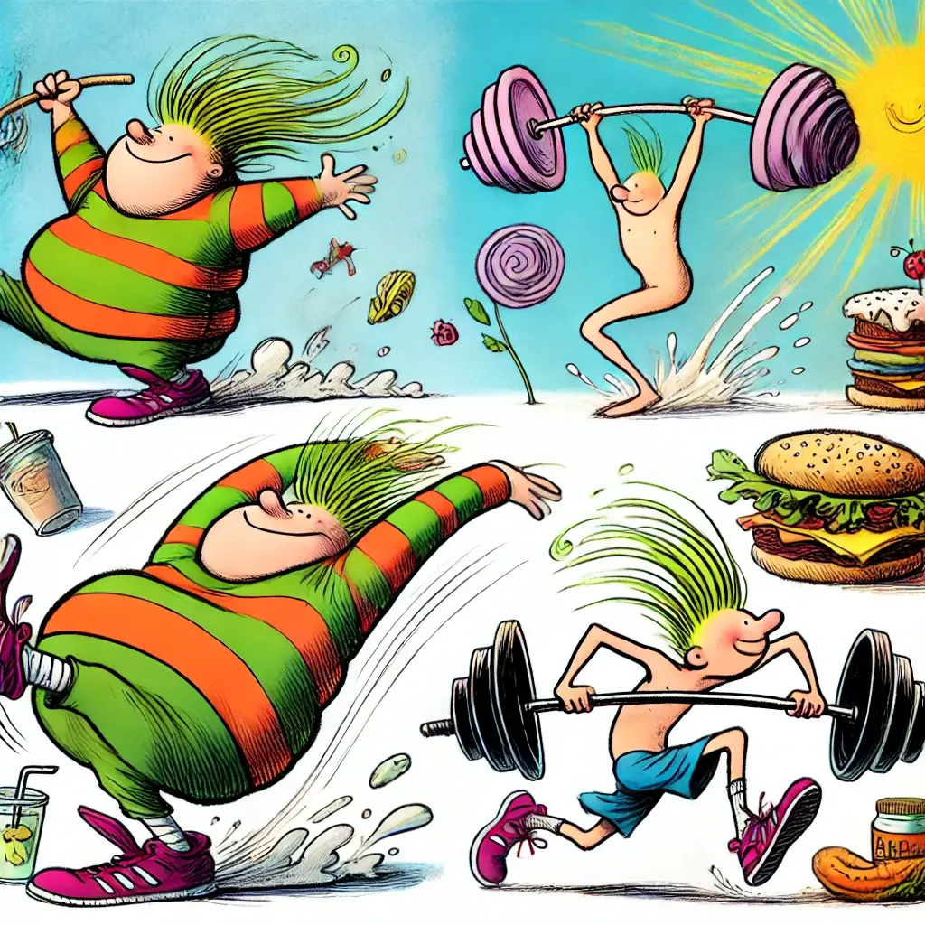 A whimsical and playful digital illustration inspired by Shel Silverstein's style. The image features lively, animated characters in motion, one lifting weights, another running joyfully, and another stretching. The background is bright and energetic, with a shining sun, floating food items like a healthy burger and a smoothie, and fun, exaggerated motion lines. The illustration captures themes of movement, nourishment, and vitality in a lighthearted and engaging way.