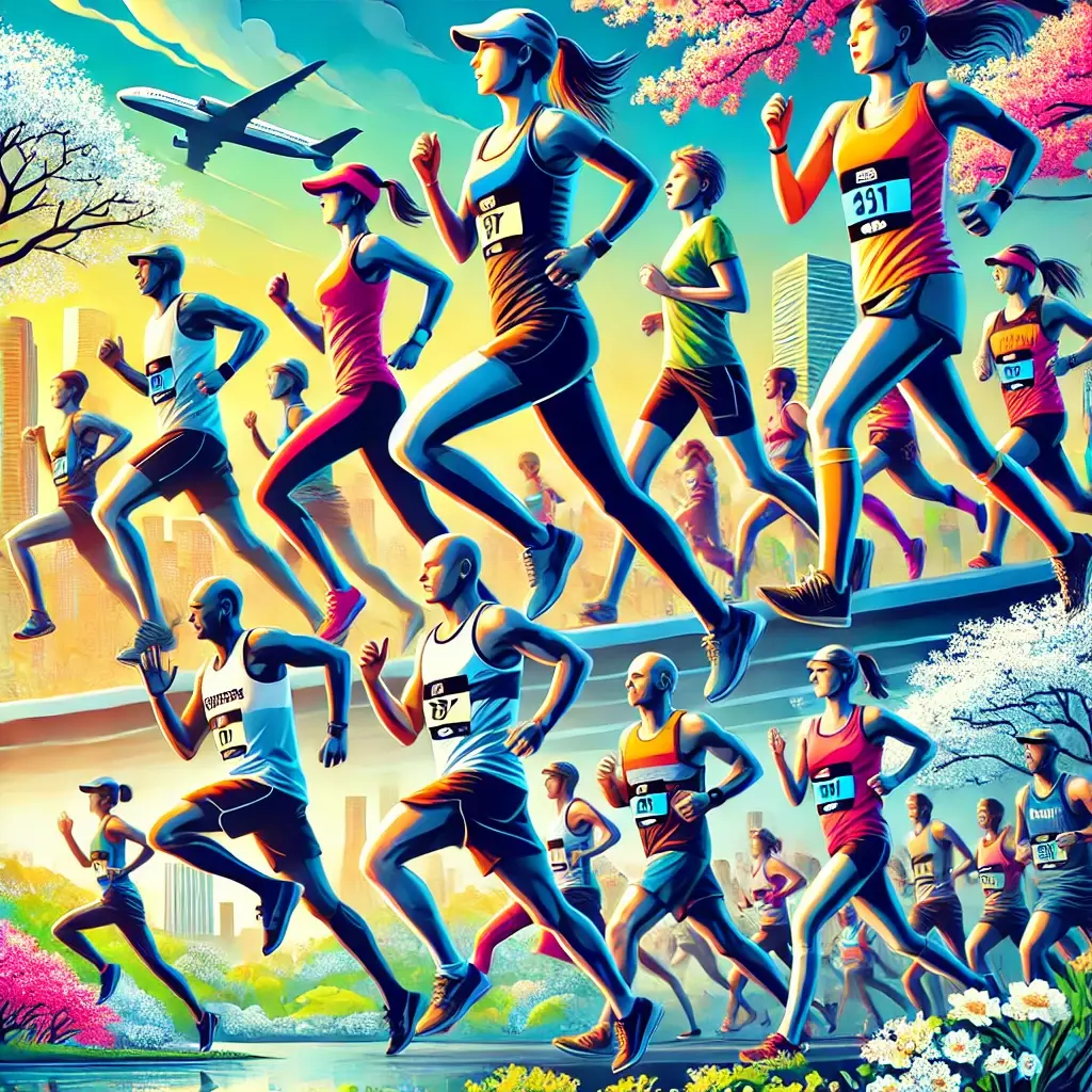 Runners of various skill levels participating in a marathon and other road races, such as a 5K and half marathon, on a scenic spring day. The scene features blooming trees, a bright blue sky, and a cheering crowd, capturing the energy and excitement of race season. One runner wears a bib subtly hinting at the Boston Marathon, emphasizing the spirit of long-distance running.