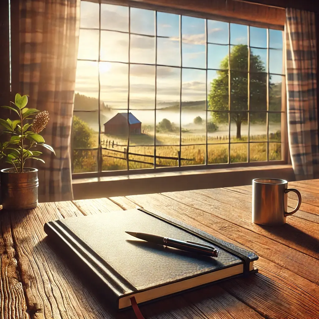 A serene journal and pen placed on a rustic wooden table by a window with sunlight pouring in, symbolizing hope, reflection, and inspiration.