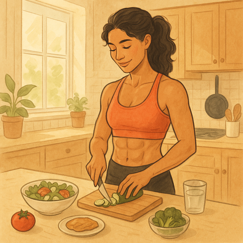 Hand-drawn illustration of a client preparing a healthy meal at home after training at Whole Health Solutions and Sports Performance, Shirley MA physical therapy clinic focused on strength and performance.